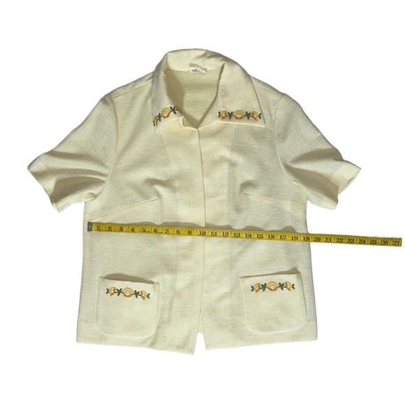 80s Amy Adams Vintage Floral embroidered Pastel Yellow Blouse Double Pocket - Picture 3 of 4